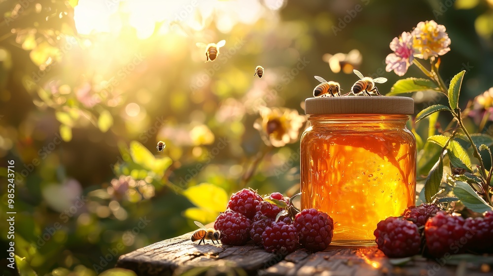 A jar of golden honey surrounded by fresh raspberries, with bees buzzing and sunlight illuminating a vibrant garden. A jar of golden honey surrounded by fresh raspberries, with bees buzzing and sunlight illuminating a vibrant garden.