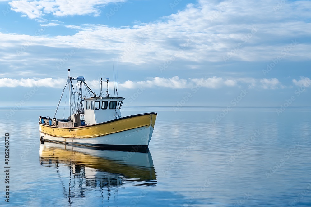 Fishing Boat in Calm Sea on Sunny Day Fishing Boat in Calm Sea on Sunny Day