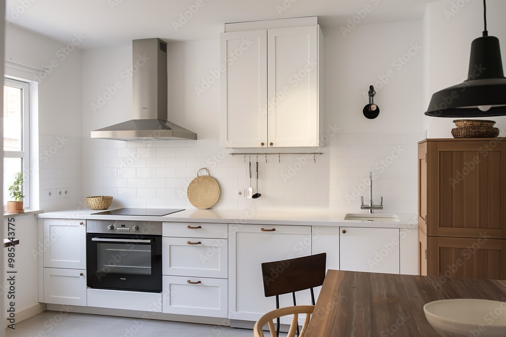 Modern kitchen interior design with white furniture and wooden cabinet. Oven, sink, faucet, and table create a comfortable cooking space. Simple, clean, and bright room style. Modern kitchen interior design with white furniture and wooden cabinet. Oven, sink, faucet, and table create a comfortable cooking space. Simple, clean, and bright room style.