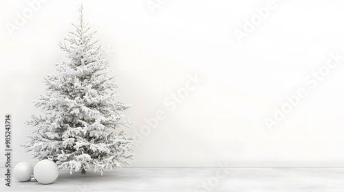 Minimalist Christmas scene featuring a decorated tree with festive ornaments, providing ample blank space for text or logo placement. Perfect for seasonal marketing campaigns, greeting cards photo