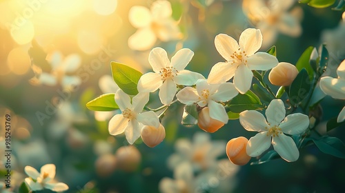 A serene close-up of blooming white flowers bathed in soft sunlight, showcasing nature's beauty and tranquility.