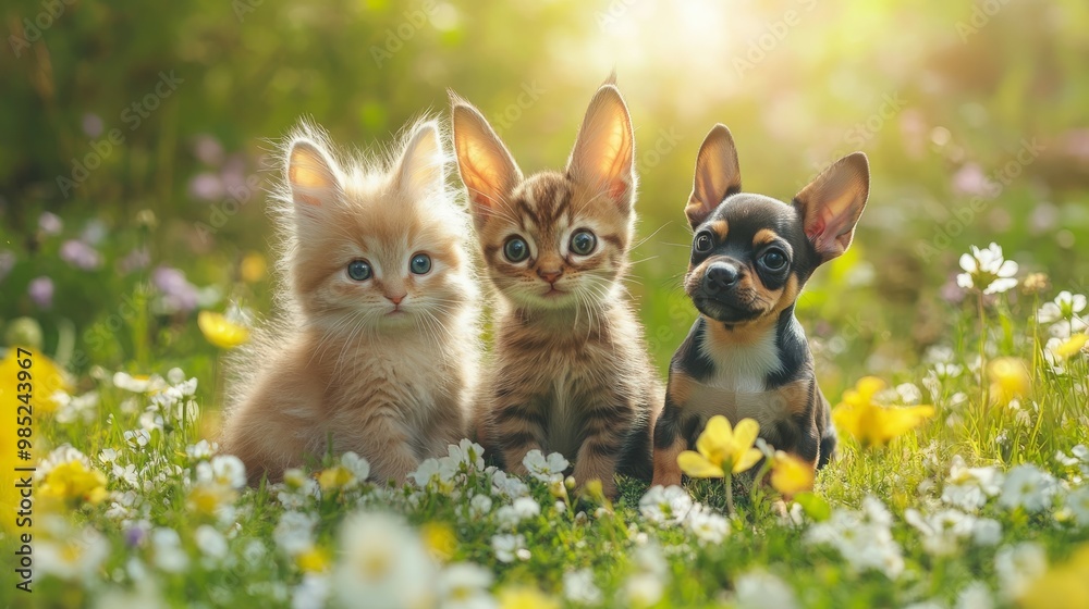 Fototapeta premium Two kittens and a puppy sit in a field of flowers.