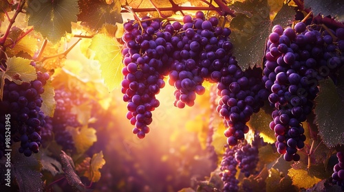 Vibrant clusters of ripe grapes hanging from lush vines, illuminated by warm sunlight, representing nature's bounty and harvest beauty.