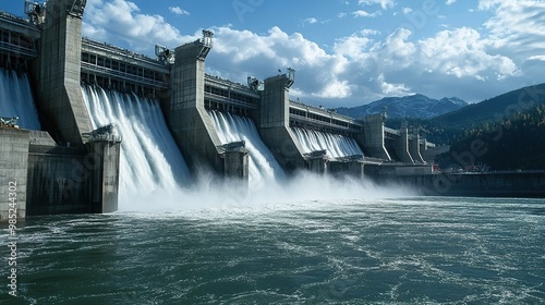 A large hydroelectric dam with cascading water, surrounded by mountains and a blue sky, showcasing energy production and natural beauty.