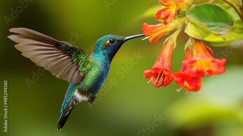 Hummingbird Feeding on Vibrant Flowers