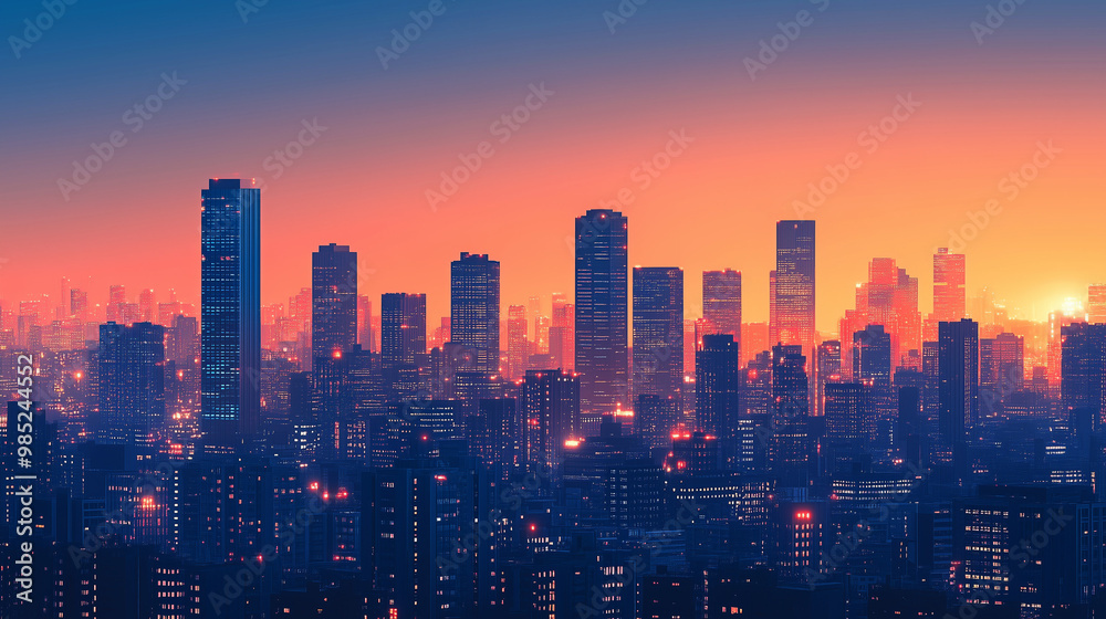 Vibrant Sunset Skyline Over Modern City Buildings and Skyscrapers
