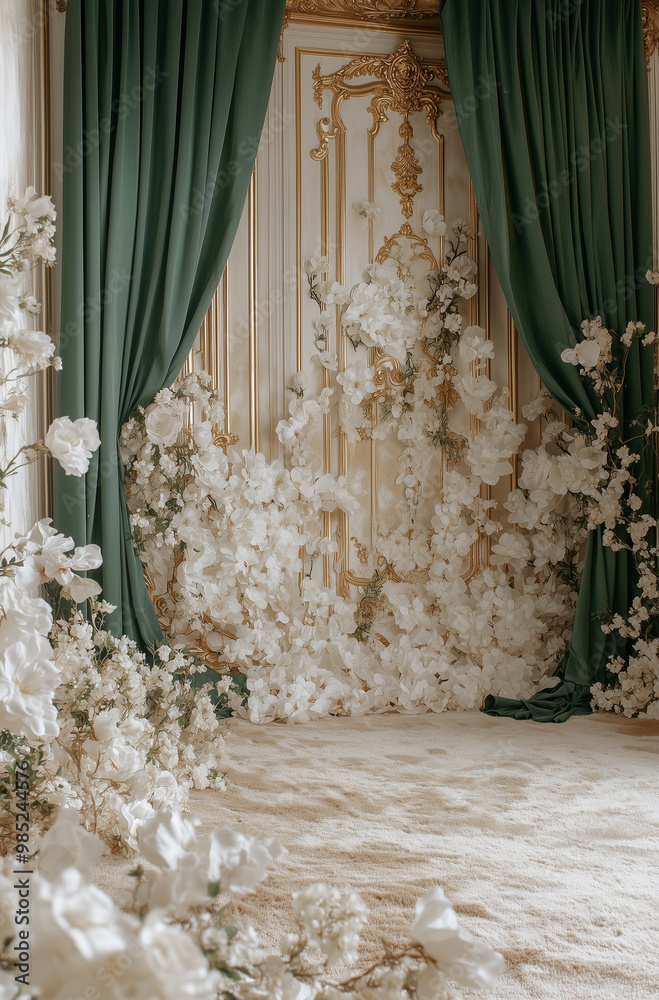 The room with green curtains and gold baroque elements, with a wall hanging of white paper flowers and silk fabric against a golden background, a classical atmosphere.Copy space. The room with green curtains and gold baroque elements, with a wall hanging of white paper flowers and silk fabric against a golden background, a classical atmosphere.Copy space.