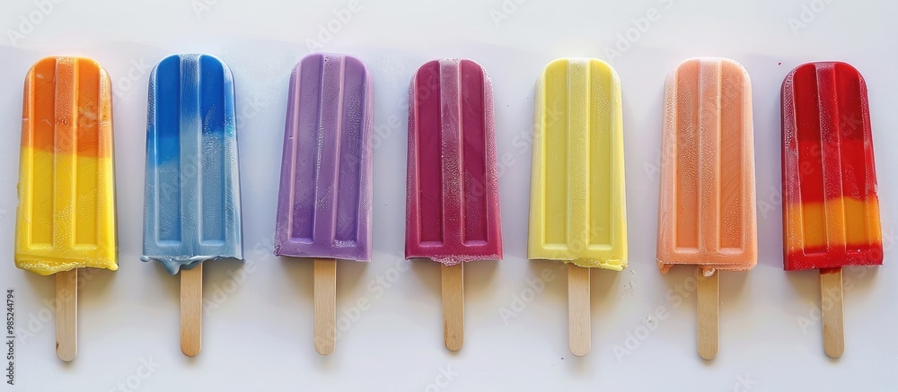 Fototapeta premium Rainbow Colored Wooden Popsicles Lined Up On A White Paper Background