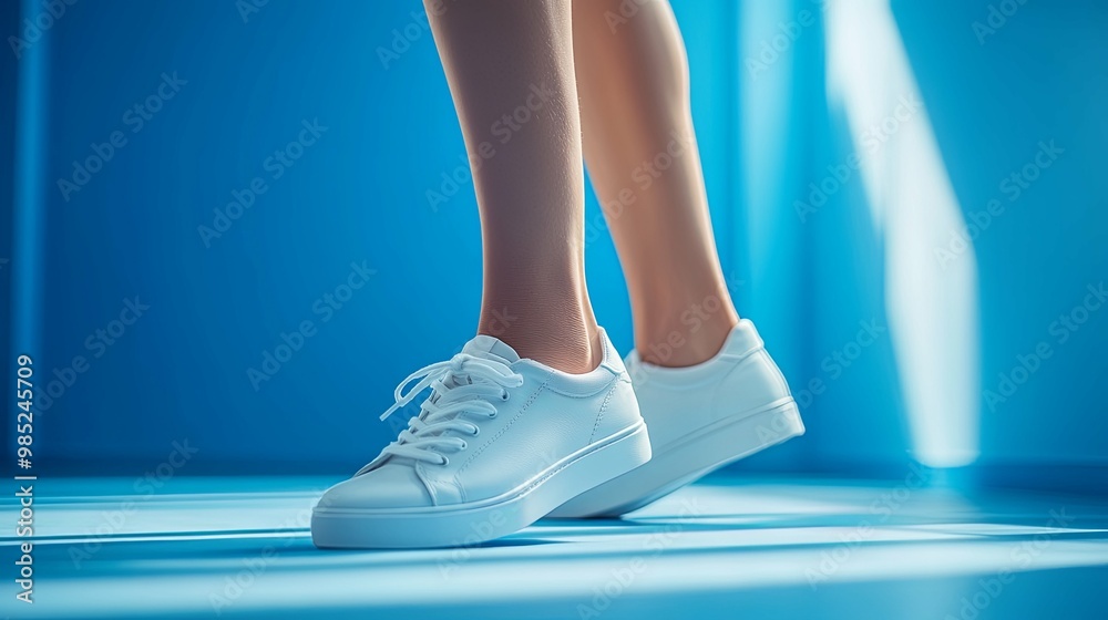 White Sneakers and Legs on a Blue Background White Sneakers and Legs on a Blue Background