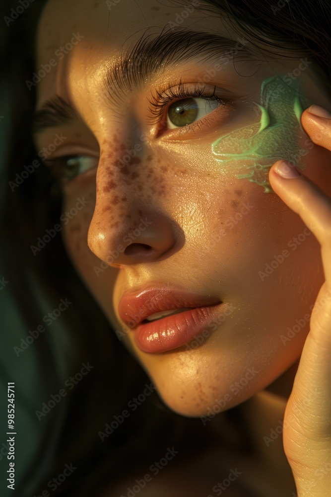 Model woman applies green cream on face in beauty studio. Close-up shot of makeup application with blurred background. Dark hair, warm brown skin. Green makeup contrasts with skin tone. Model woman applies green cream on face in beauty studio. Close-up shot of makeup application with blurred background. Dark hair, warm brown skin. Green makeup contrasts with skin tone.
