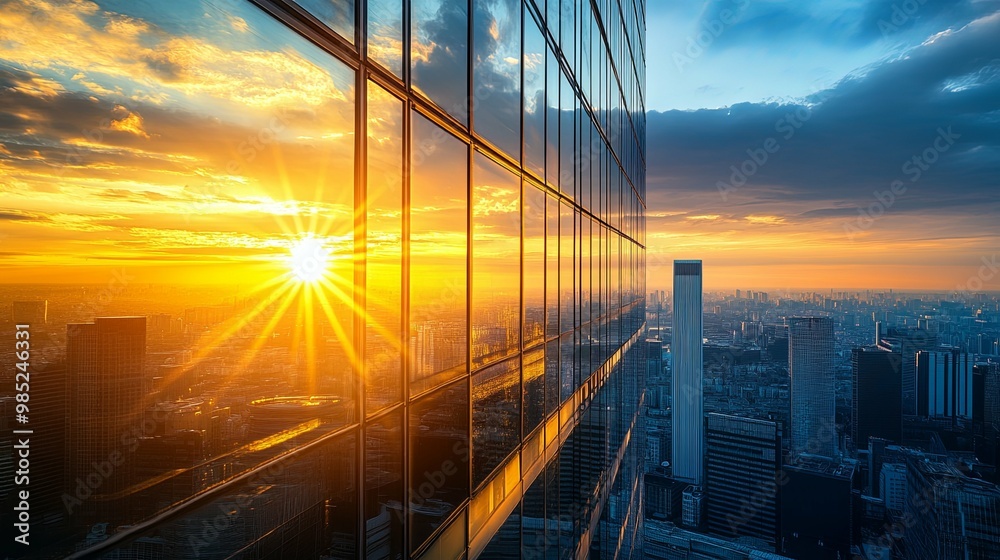 Obraz premium Sunset Reflected in Glass Facade of Skyscraper
