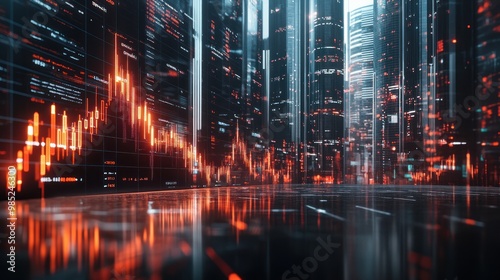 A futuristic cityscape with digital stock market graphs and glowing data visualizations.