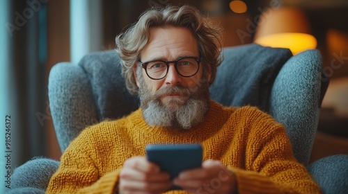 cartoon character man sitting on a chair with a phone in his handsillustration photo