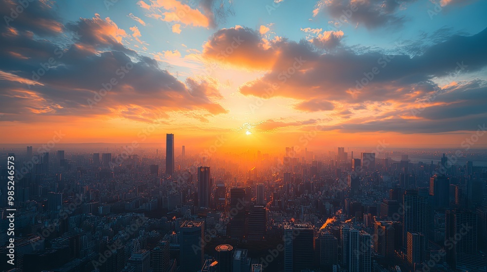 Fototapeta premium Golden Sunset Over a Dense City Skyline