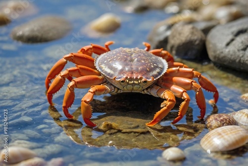 Crab Foraging Among Seashells in a Shallow Tidal Pool