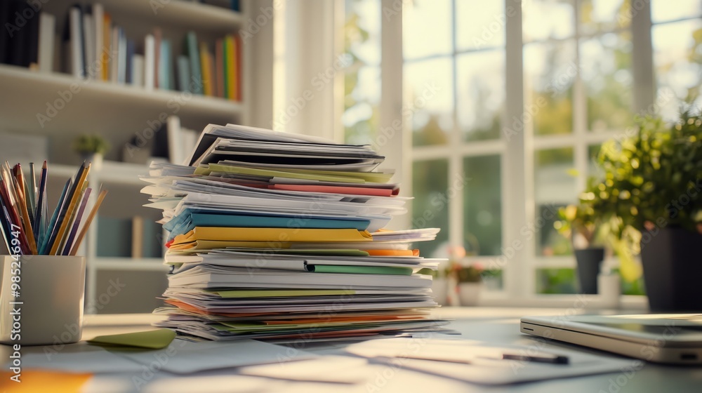 Organized Chaos A Stack of Paperwork on a Bright Desk Organized Chaos A Stack of Paperwork on a Bright Desk
