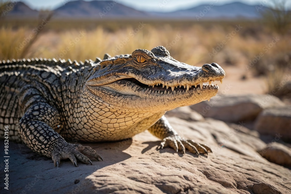Obraz premium Crocodile Basking on a Rocky Outcrop in a Bright, Arid Landscape