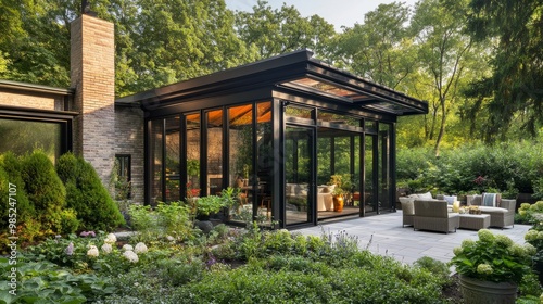 A modern home with a glass-roofed sunroom filled with tall plants, flowering shrubs, and a comfortable seating area for relaxation amid nature.