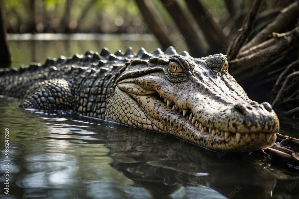 Obraz premium Crocodile Swimming Stealthily Through a Mangrove Swamp