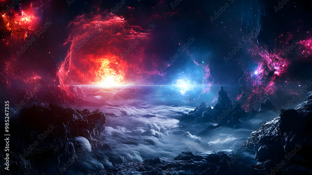 Fantasy Space Landscape with Red and Blue Nebulae - Illustration Fantasy Space Landscape with Red and Blue Nebulae - Illustration
