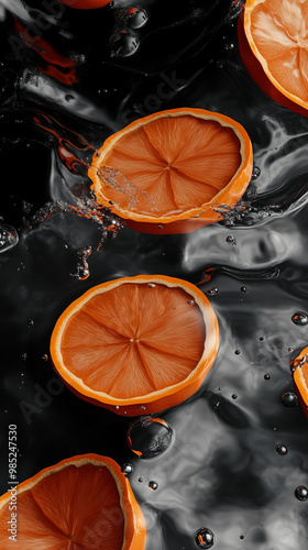 Slices of oranges floating in water against a black background, with a light gray and dark red style.Minimal creative food concept.Copy space,flat lay photo