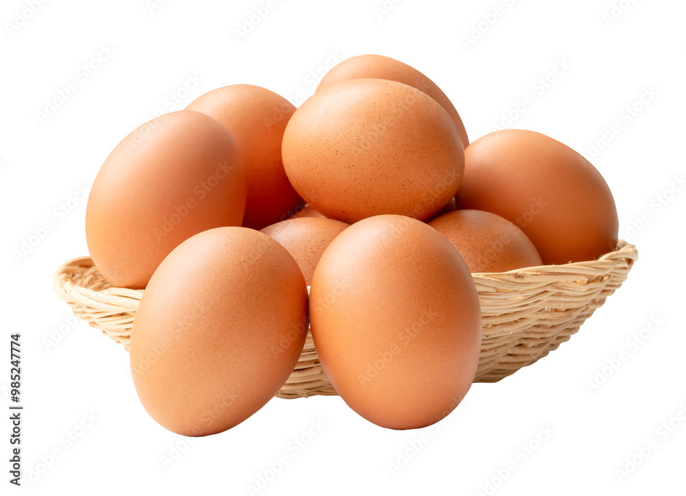 Group of fresh brown chicken eggs in stack in wicker basket is isolated on white background with clipping path. Group of fresh brown chicken eggs in stack in wicker basket is isolated on white background with clipping path.