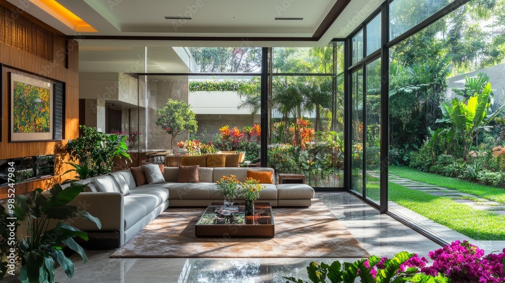 Obraz premium A luxurious home with an indoor botanical garden, where a glass wall separates the living area from a thriving park filled with colorful flowers and shrubs.
