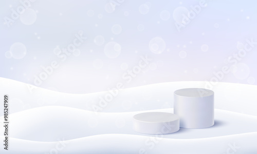 3d snow winter background. Vector pile on ground. Crystal drift floor landscape with ice hills. Pastel podium for winter sale. Snowflakes bokeh Christmas magic scene. Snowdrift background frame png