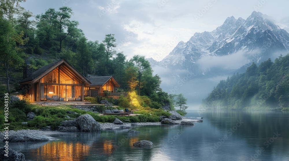 Serene lakeside cabin surrounded by mountains and lush greenery. Serene lakeside cabin surrounded by mountains and lush greenery.