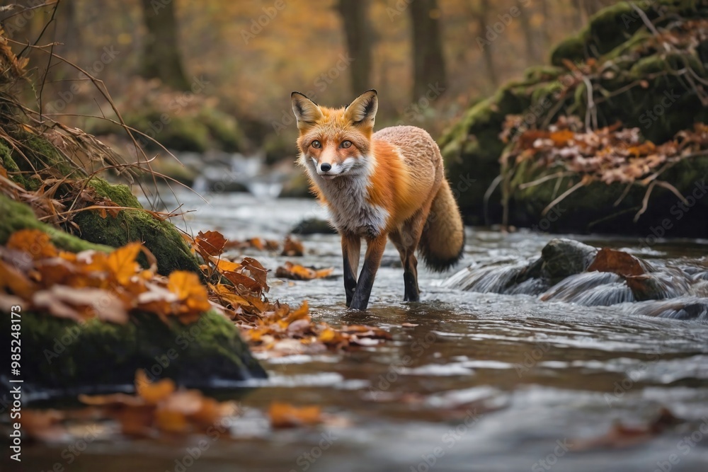 Naklejka premium Fox Hunting Along a Stream in an Autumn Forest: A fox is captured mid-step as it hunts along the edge of a babbling stream in a dense autumn forest.