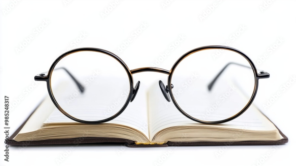 A pair of classic round reading glasses sitting on an open notebook, isolated on a transparent background. A pair of classic round reading glasses sitting on an open notebook, isolated on a transparent background.