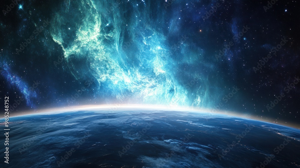 Fototapeta premium A Celestial Landscape: Earth and a Cosmic Nebula