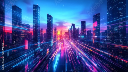 Futuristic Cityscape with Vibrant Light Trails at Dusk