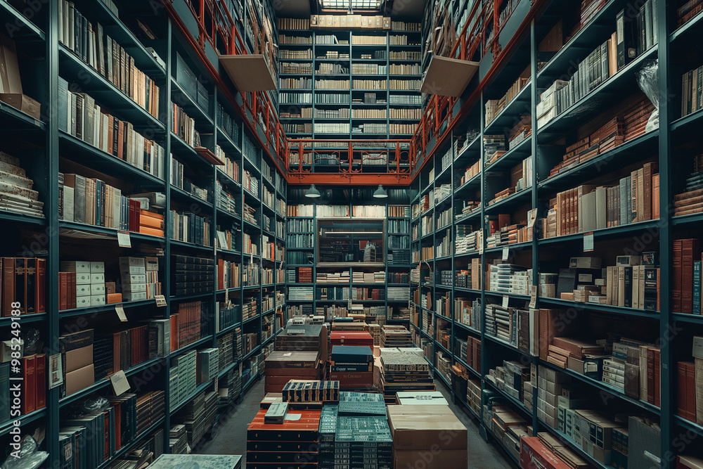 Long perspective view of a warehouse aisle with high shelves stocked with various goods. Long perspective view of a warehouse aisle with high shelves stocked with various goods.