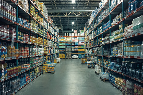 Long perspective view of a warehouse aisle with high shelves stocked with various goods.