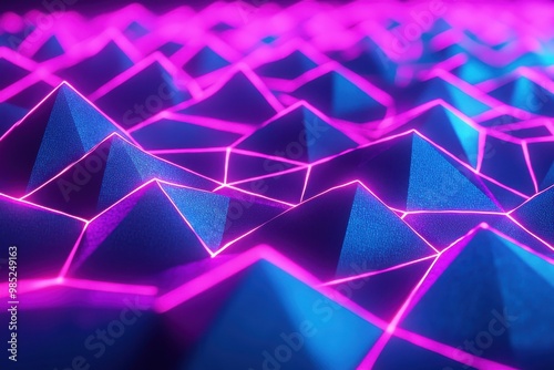 Abstract geometric landscape of glowing neon pyramids and lines
