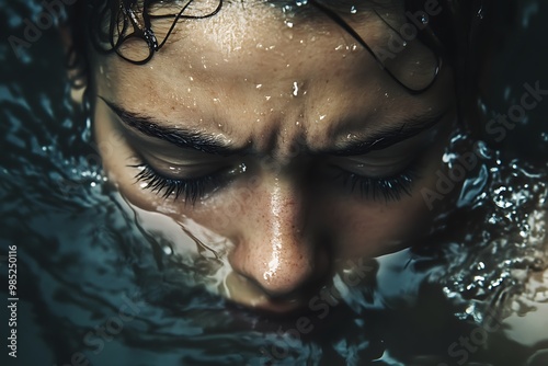 Woman Underwater with Troubled Expression, Dramatic Lighting