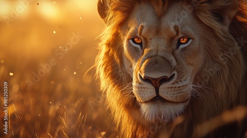 Majestic Lion in Golden Grasslands at Sunset photo