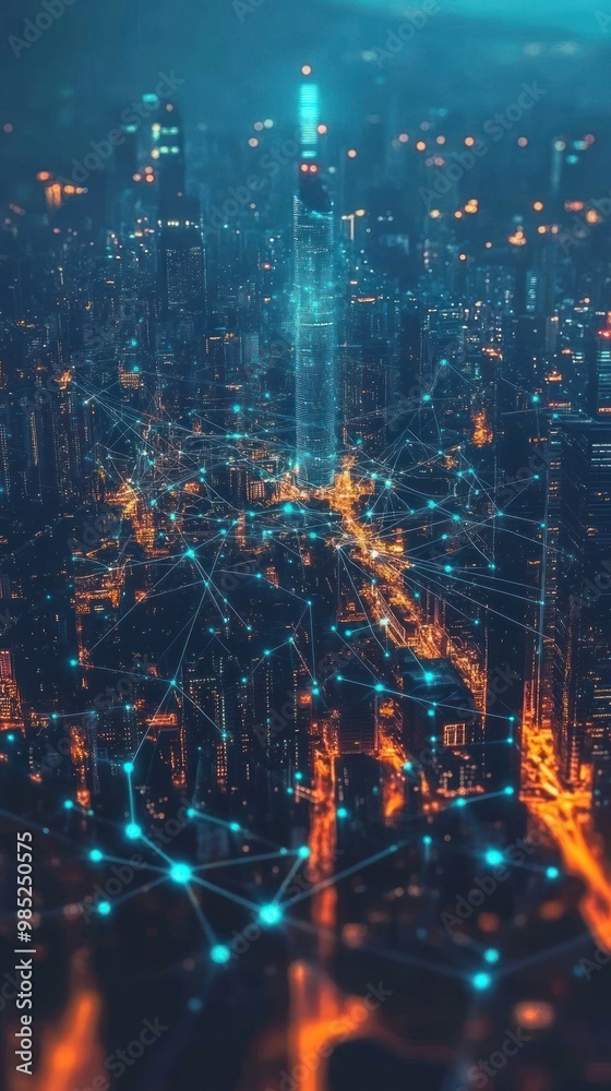 Fototapeta premium A futuristic cityscape illuminated by network connections and digital elements.