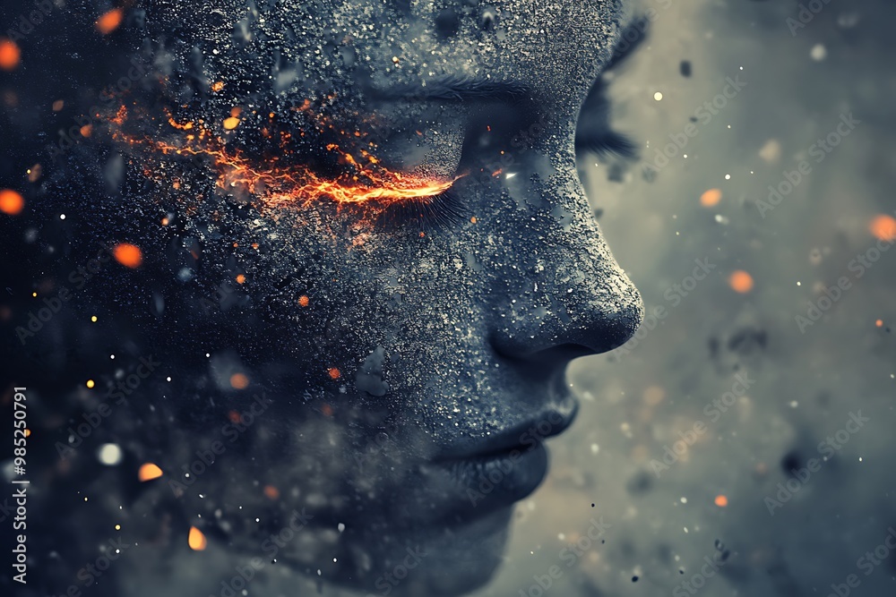 Abstract Portrait of a Woman with Fiery Eyes and Crumbling Skin Abstract Portrait of a Woman with Fiery Eyes and Crumbling Skin