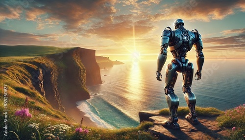 A heroic robot standing on the edge of a beautiful, natural cliff overlooking a vast, serene ocean at sunrise