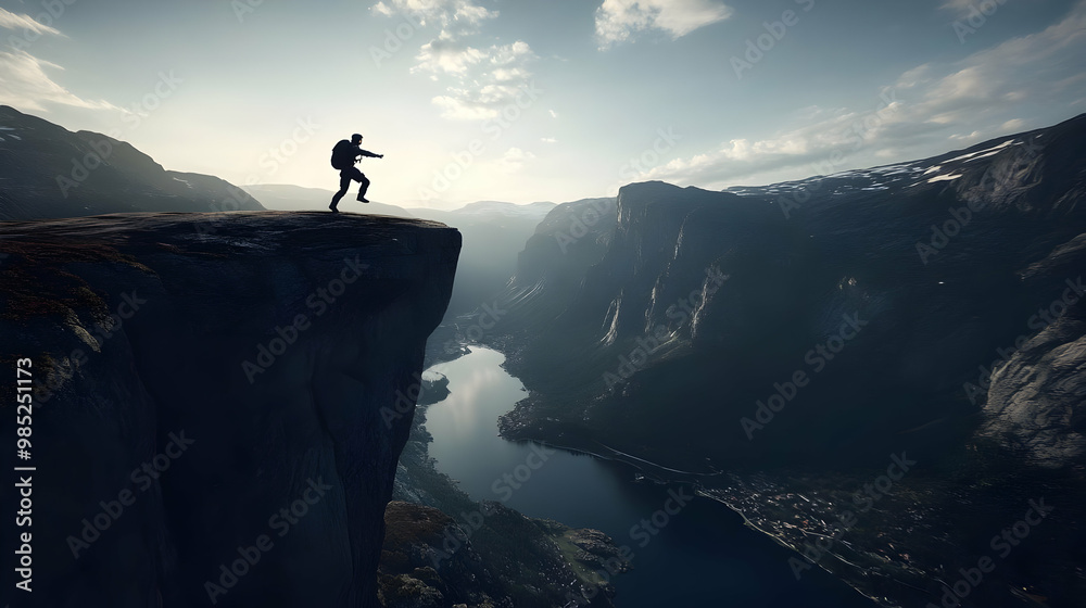 Obraz premium Man Standing on Cliff Edge Overlooking Valley - Realistic Image
