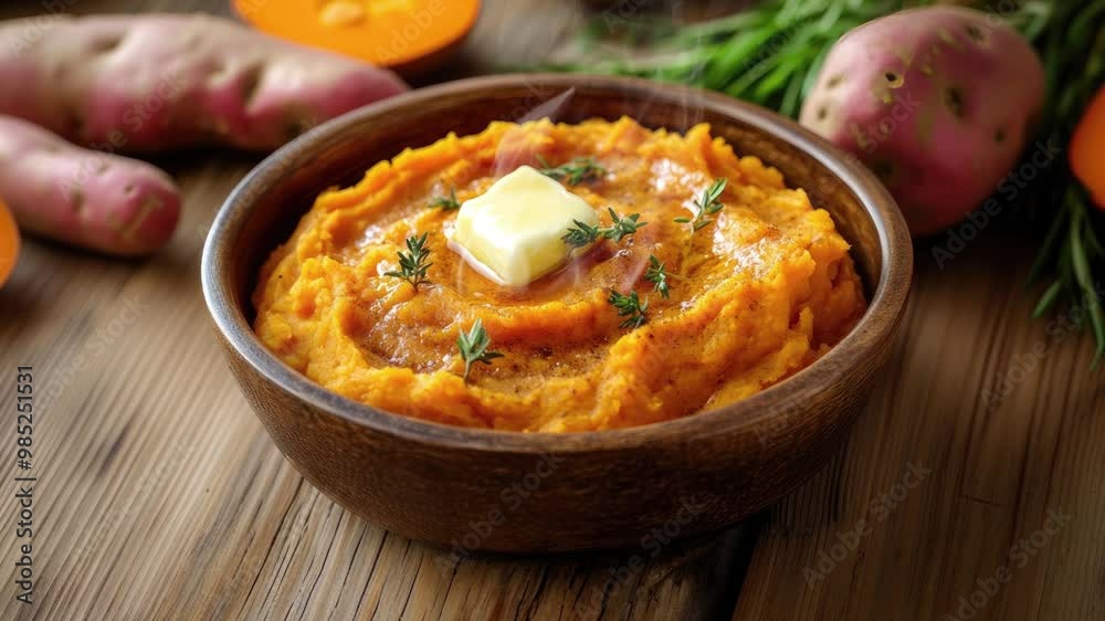 Zooming in on a Bowl of Mashed Sweet Potatoes with Butter on a Wooden Table Zooming in on a Bowl of Mashed Sweet Potatoes with Butter on a Wooden Table