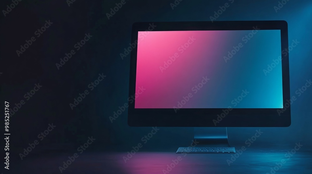 A desktop computer with a colorful screen in a dark room. A desktop computer with a colorful screen in a dark room.