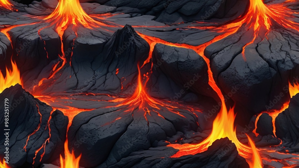 Molten lava flowing through cracked rock, creating a fiery landscape.