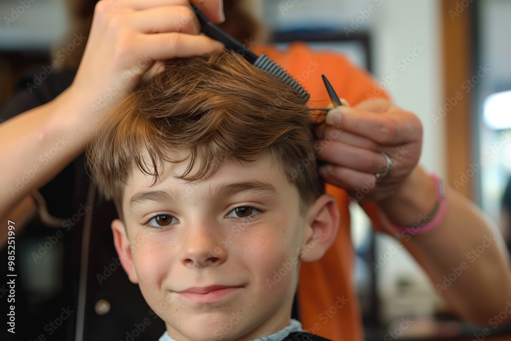 Fototapeta premium Young Caucasian boy sits in barber chair. Fresh haircut, mullet style. Boy relaxes, closes eyes. Barber works on hair, cut, coiffure. Stylish, attractive model. Lifestyle, face, fashion, style.