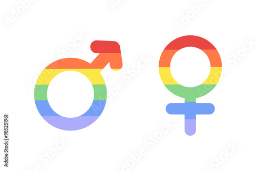 Colorful rainbow gender male and female sign. Lqbt, gender diversity, pride month, community, support concepts. Flat decorative vector design isolated on white background.