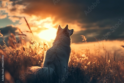Silhouette of a dog looking at the sunset in a field