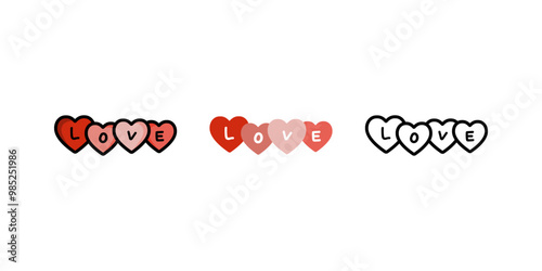 Love heart with text set. Valentine, romance, celebration concepts. Flat vector design isolated illustration.