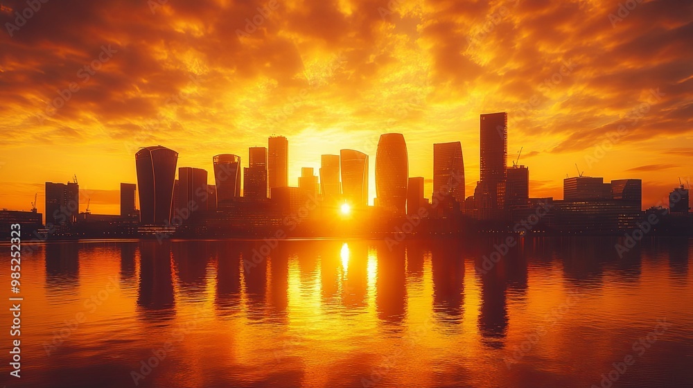 Cityscape Silhouette at Sunset with Water Reflection